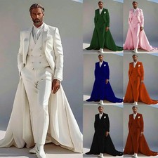 Men's Fashion Suits Long Train Jacket Vest Pant 3 Pieces for Red Banquet Wedding