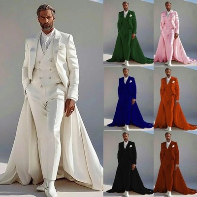 Men's Fashion Suits Long Train Jacket Vest Pant 3 Pieces for Red Banquet Wedding