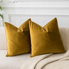 Velvet Throw Pillow Covers Set of 2, Mustard Yellow, 14x14 inch, Soft Stylish