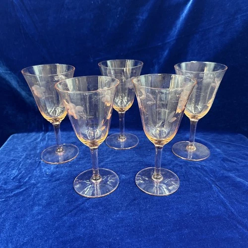 Set (5) Vintage Tiffin Franciscan Optic Floral Cut Pink Depression Glass Stemwar