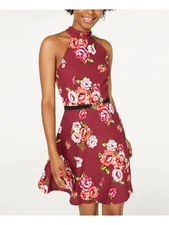 CRAVE FAME Womens Burgundy Floral Mini Fit + Flare Dress Size: XS