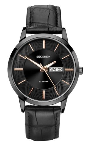 Reloj Sekonda para hombre con fecha de día y correa de cuero negro - Imagen 3 de 13