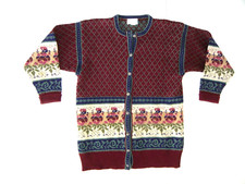 DEANS OF SCOTLAND Colorful Red Floral SHETLAND WOOL CARDIGAN SWEATER Women's L