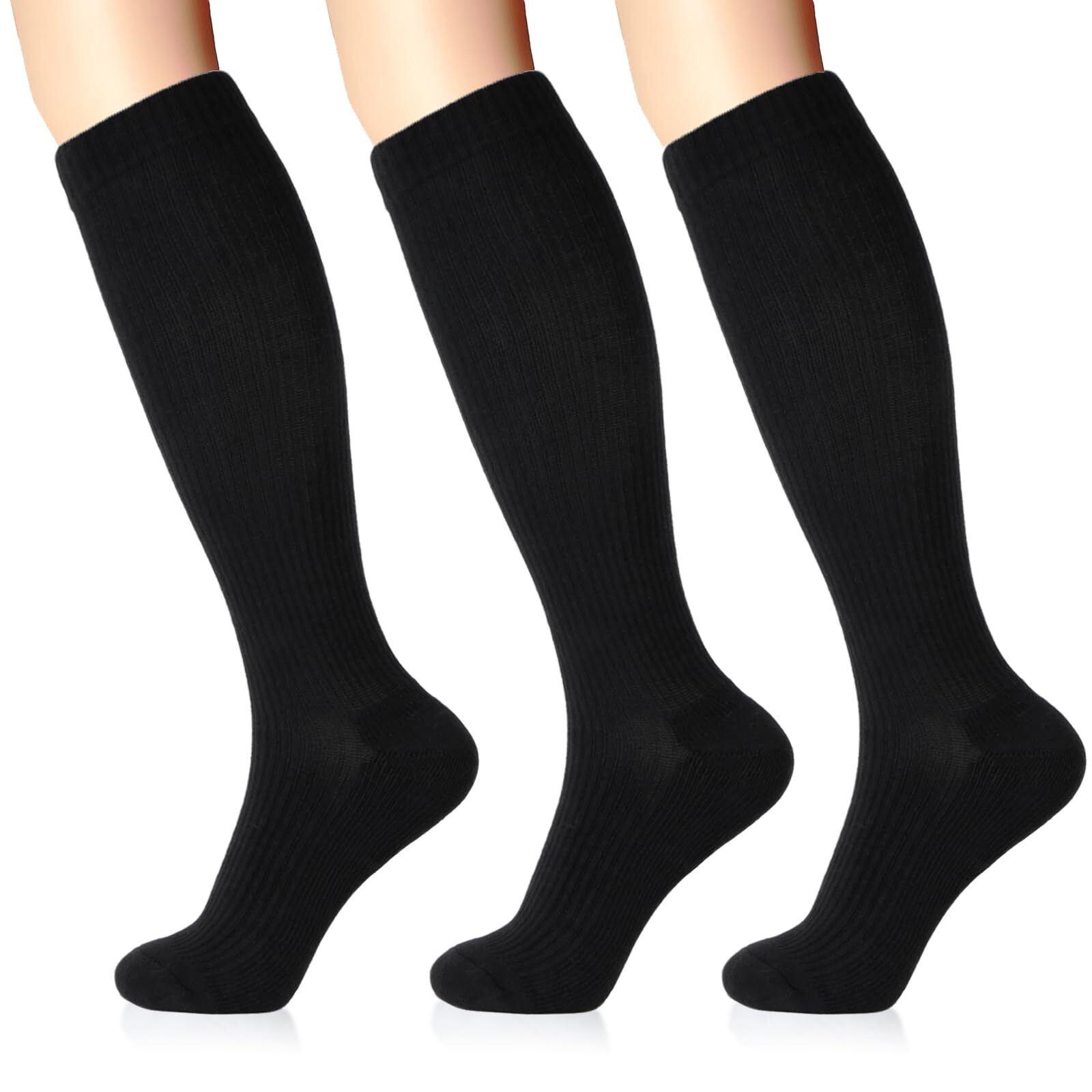 Compression Socks for Women and Men 3 Pairs 8-15 mmHg Cotton Knee High Suppor...-image