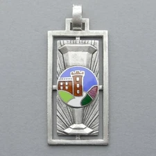 French, Antique Enamel Medal. Castel, Fortress, Tower. Art Deco Pendant.