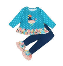 New Girls Floral Chicken Pants Set Size 7-8 Ruffle Polka Dot Long Sleeve Outfit