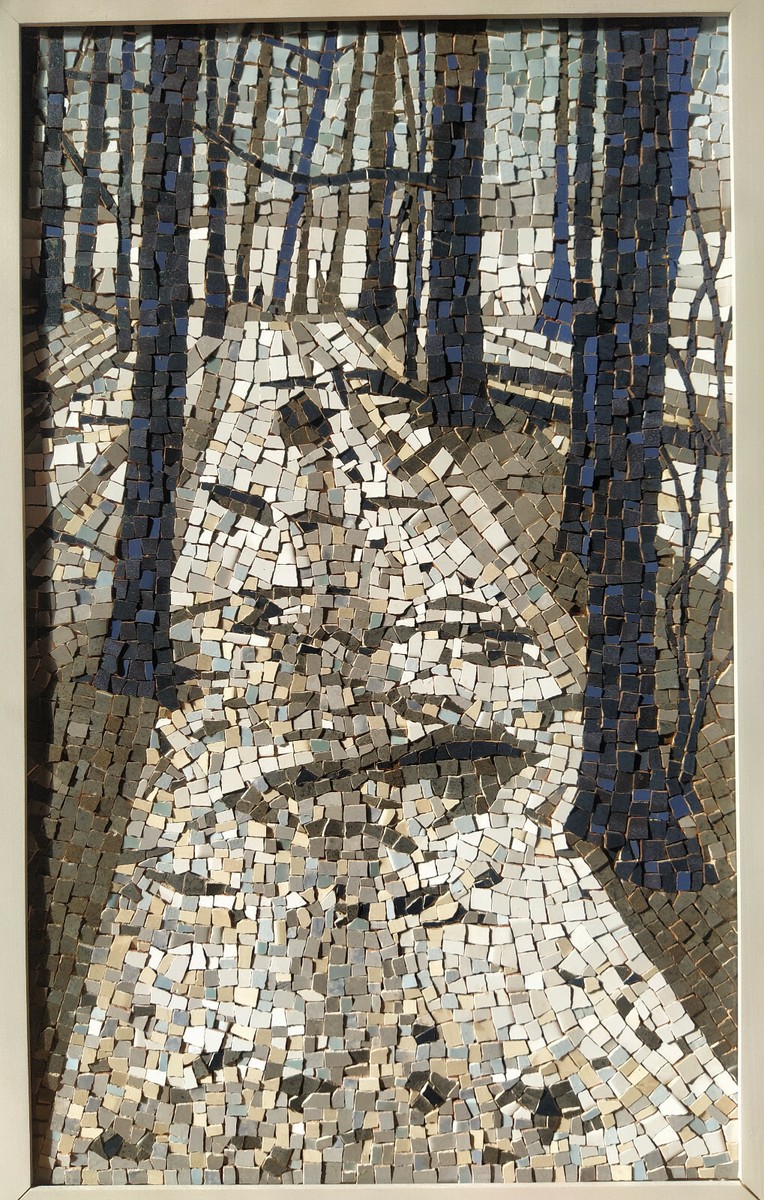 枝アート Winter forest landscape mosaic art Roman ceramic trees light