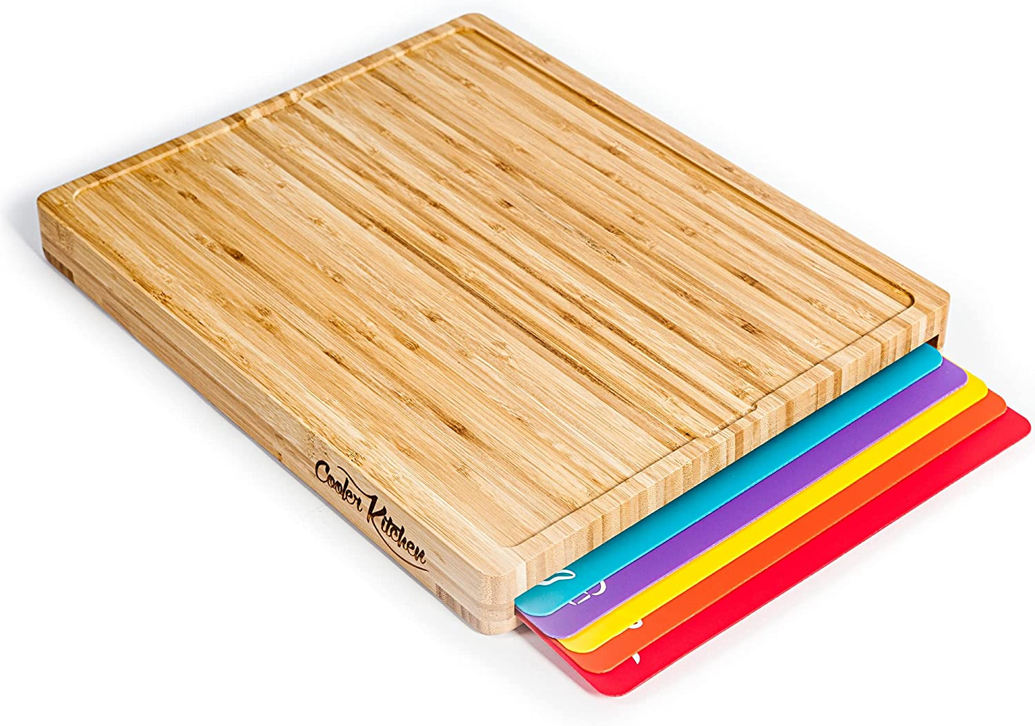 Cutting Board Set Easy-To-Clean Bamboo Wood Board with 6 Color-Coded Flexible Cu-image