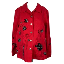 The Quacker Factory Jacket Womens Sz M Red Black Floral Cotton Pocket Denim