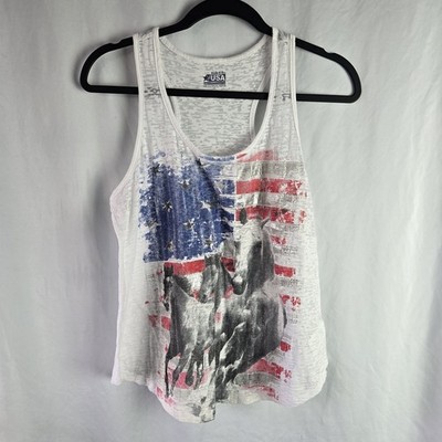 Made In The USA Burnout Racerback Tank LG Flag Horses Bling Patriotic Americana