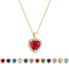 Heart Necklace, 14K Gold Plated Birthstone Necklace Simple Cubic Zirconia Pendan