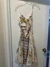 MMG Mango Women's Cream Dress W Yellow Flowers W Colorful Tie 100% Silk Size 6