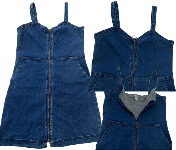 Denim Dress Fitted Stretch Y2K Mini SzM Body Con Full Zip Front Pockets MedWash