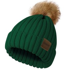 Womens Winter Knitted Beanie Hat with Faux Fur Pom Beanie Warm 1 1dark Green