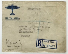 Aden 1946 Registered cover from 'Aden Camp' with King GVI stamps of Aden sent to