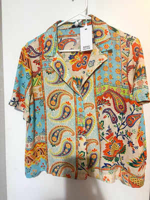 Rose+Olive Multicolor Paisley Short Sleeve Collared Button-Front Shirt L