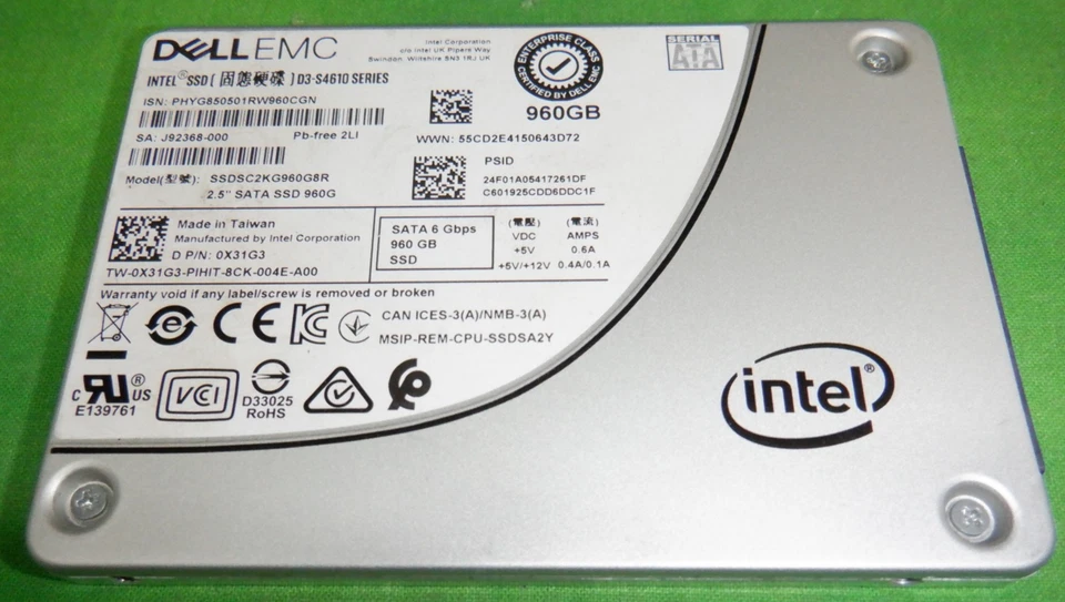 Dell X31G3 Intel 960GB D3-S4610 2,5" 6G SATA SSD Server Laufwerk SSDSC2KG960G8R
