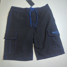 New True Religion Men's Board Shorts Size Large Black Blue Logo 34x12 Pockets