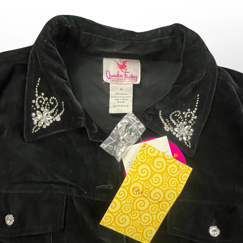 Quacker Factory Jacket Womens 1X Navy Blue Velour Rhinestone Embellished QVC - Image 4 of 4