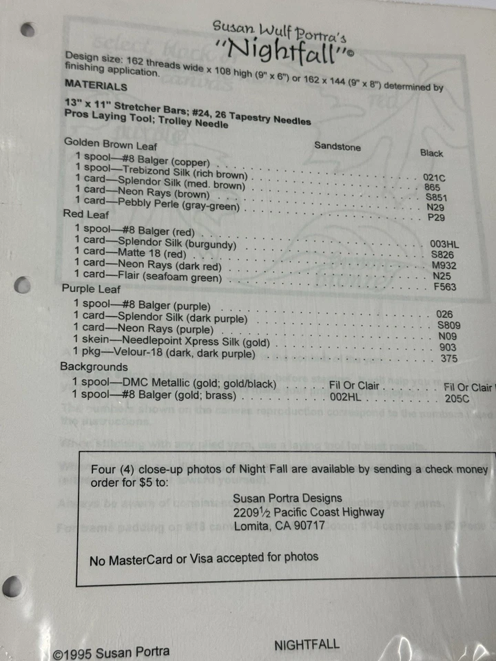 Needlepoint Canvas NIGHTFALL Leaves By Susan Wulf With Instruction Book (1995) - Image 3 of 4