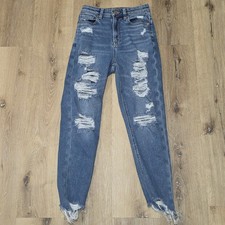American Eagle Jeans Womens Sz 00 Blue Highest Rise Mom Jean Stretch Distressed