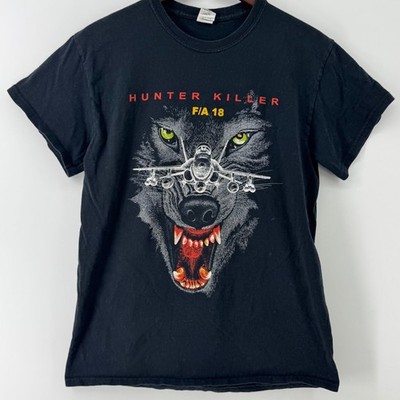 Black Gildan F/A-18 Hunter Killer Wolf Fighter Jet Graphic T-Shirt Mens Medium