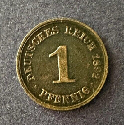1892 D German Empire 1  Pfennig; Copper  KM# 1;  XF