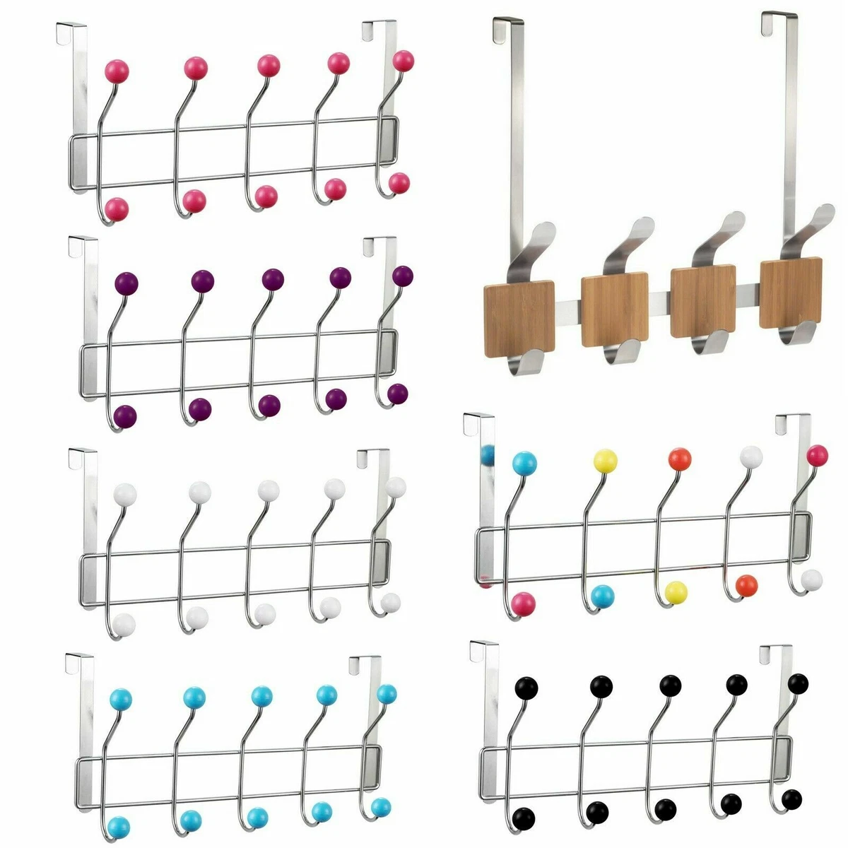 Chrome 10 Hook Over Door Hat Coat Rack Hanger Hangers Clothes Multi Colour  Balls