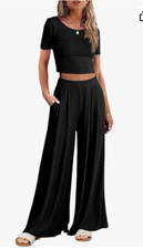 Women Sweatsuit Set Lounge Set Loose Pajama Set Short Sleeve Outfit Black Med