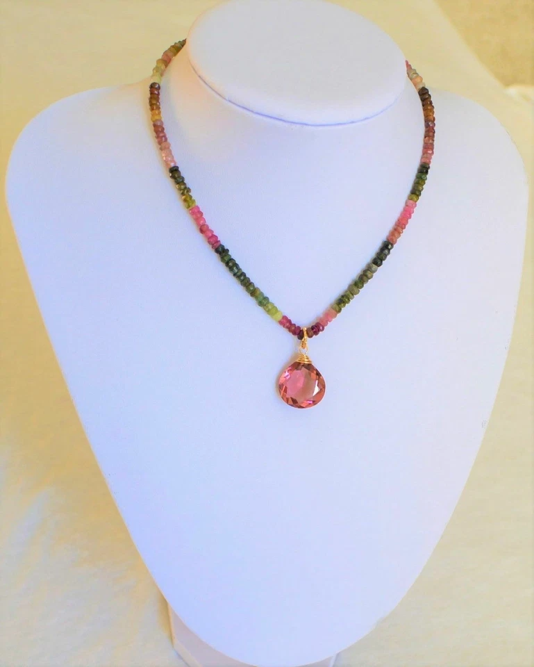 Beautiful Faceted Natural Multi Color Pink Tourmaline Yellow Gold Necklace  - Image 2 of 4