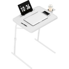 16.9"&times;22" White Adjustable TV Tray Table with Book Stand Cup Holder Tablet Slot