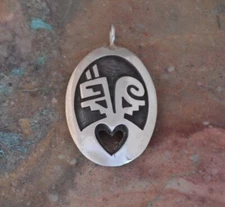 Hopi Sterling Silver Pendant - Paho - Prayer Stick  with Heart - 1.25" Tall