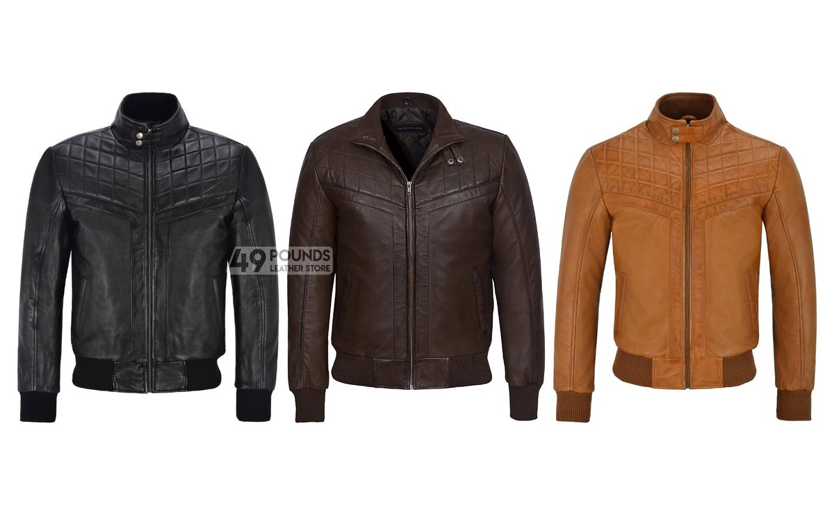 Men's 70's Leather Jacket Quilted Retro Bomber Style Lambskin