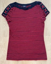 Chaps by Ralph Lauren Women's MEDIUM Striped Shirt 100% Cotton Navy Blue Red Top