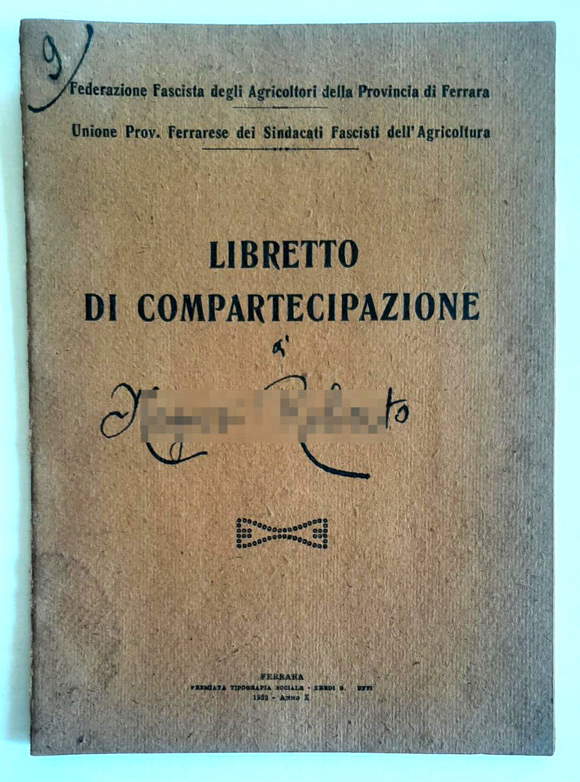 Libretto Di Compartecipazione Unione Fascista Agricoltori Ferrara 1931 - 1932