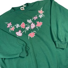 VTG Women 20W/ XL Green Fall Leaf Embroidered Sweatshirt Pullover Cottage Granny