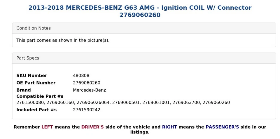 Mercedes-Benz G63 AMG 2013-2018 - bobina de encendido con conector 2769060260 Foto 4 de 4