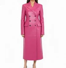 LUXURY New Women's Full Length Pink Leather Coat Ankle Length Trench Coat
