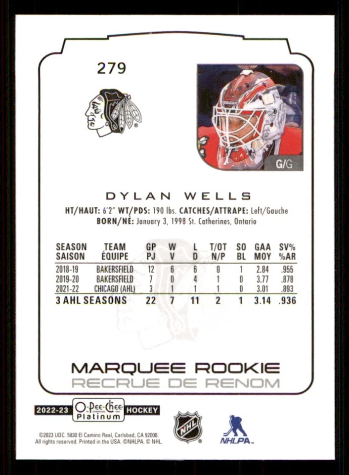 2022-23 O-Pee-Chee Platinum #279 Dylan Wells RC - Image 2 of 2