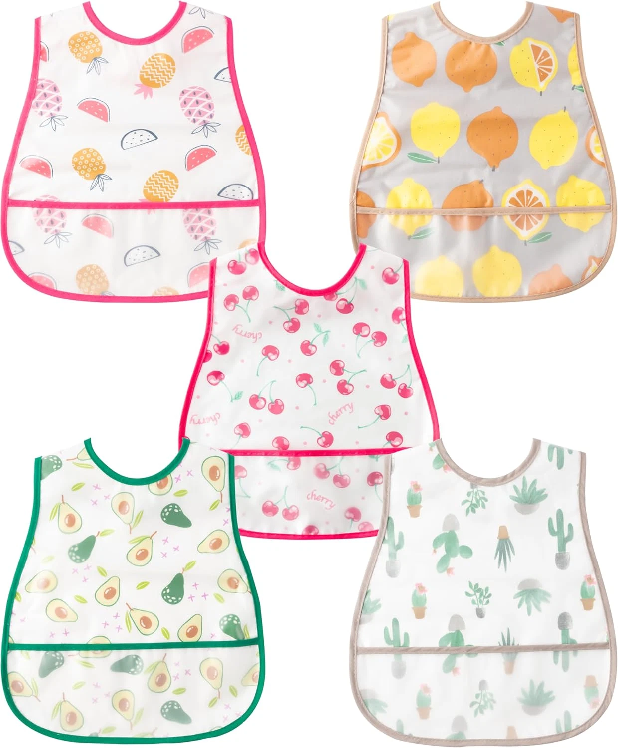 5Pcs Baby Bibs Set Toddler Bibs with Crumb Catcher Pocket & Snap Button Waterpro
