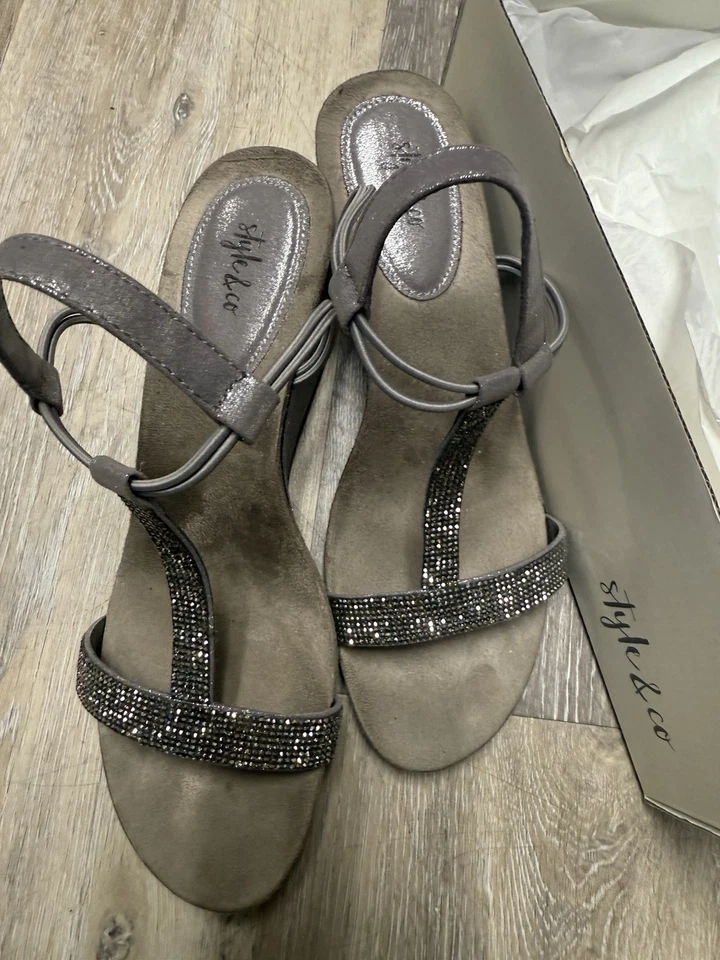 Style & Co сингл назад серебристые/серые тона открытый носок на танкетке каблук размер 8,5 М косоглазие акцент - Изображение 4 из 4