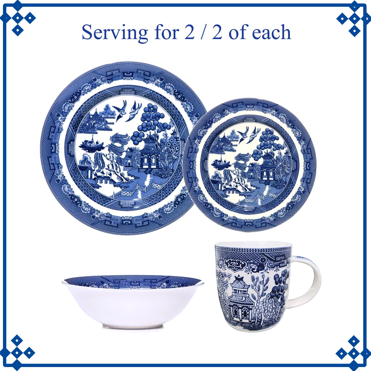 2-Serving Blue Willow Set Barrel Mug Dinner Side Plate Oatmeal Bowl Oriental