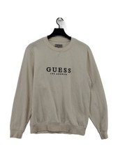Guess Men's Jumper M Cream Cotton with Polyester Crew Neck Pullover
