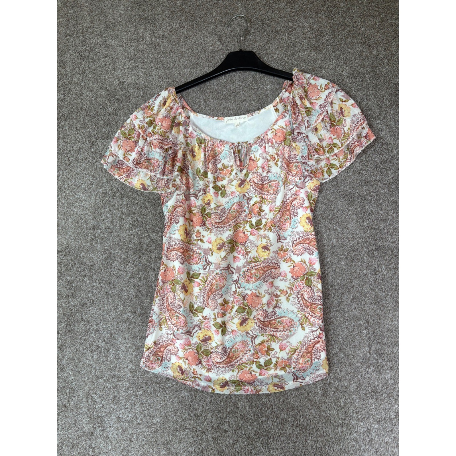 Joie de Vivre Womens Size S Floral Paisley Print Flutter Sleeve Tie Neck Top