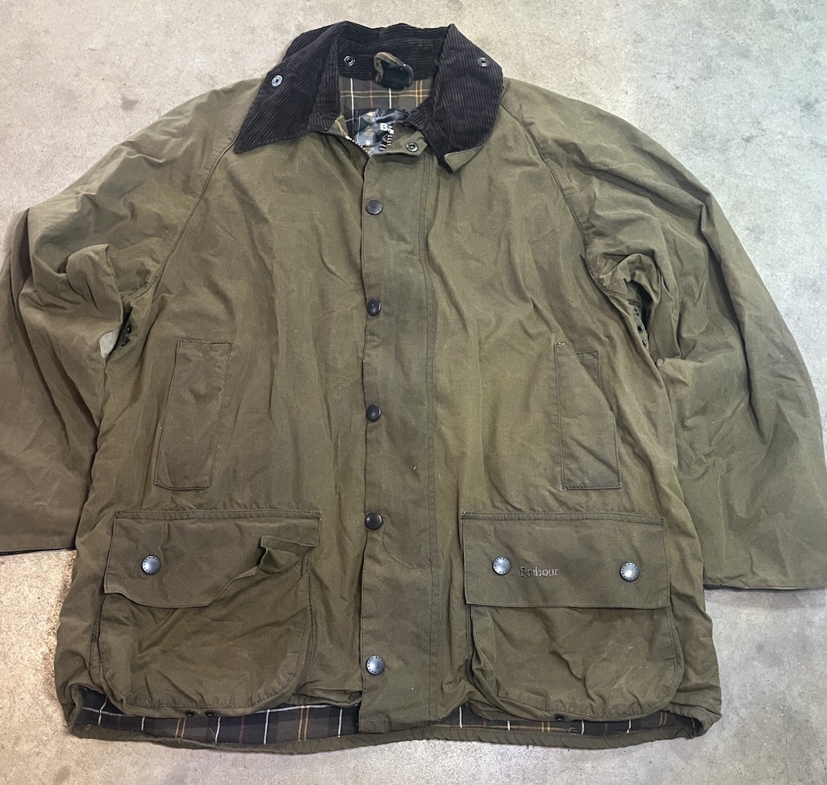 Barbour Beaufort Waxed Jacket Mens 44 Corduroy Collar Plaid Lined 