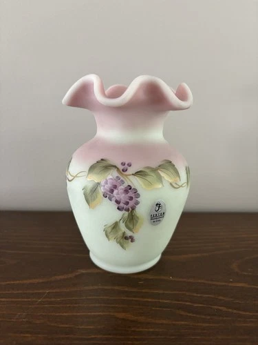 Fenton Lotus Mist 5.5” Vase Hand Painted In Berry Design Numbered And Signed