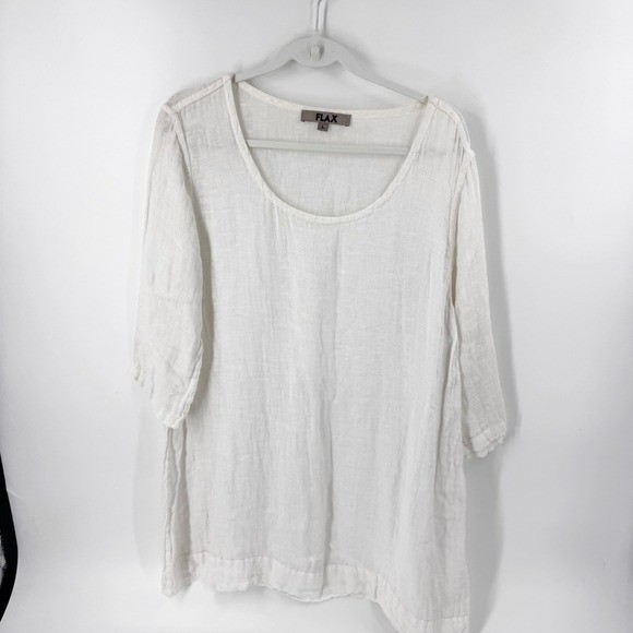 FLAX Linen 3/4 Sleeve Scoop Neck Tunic Top White Women's Size L