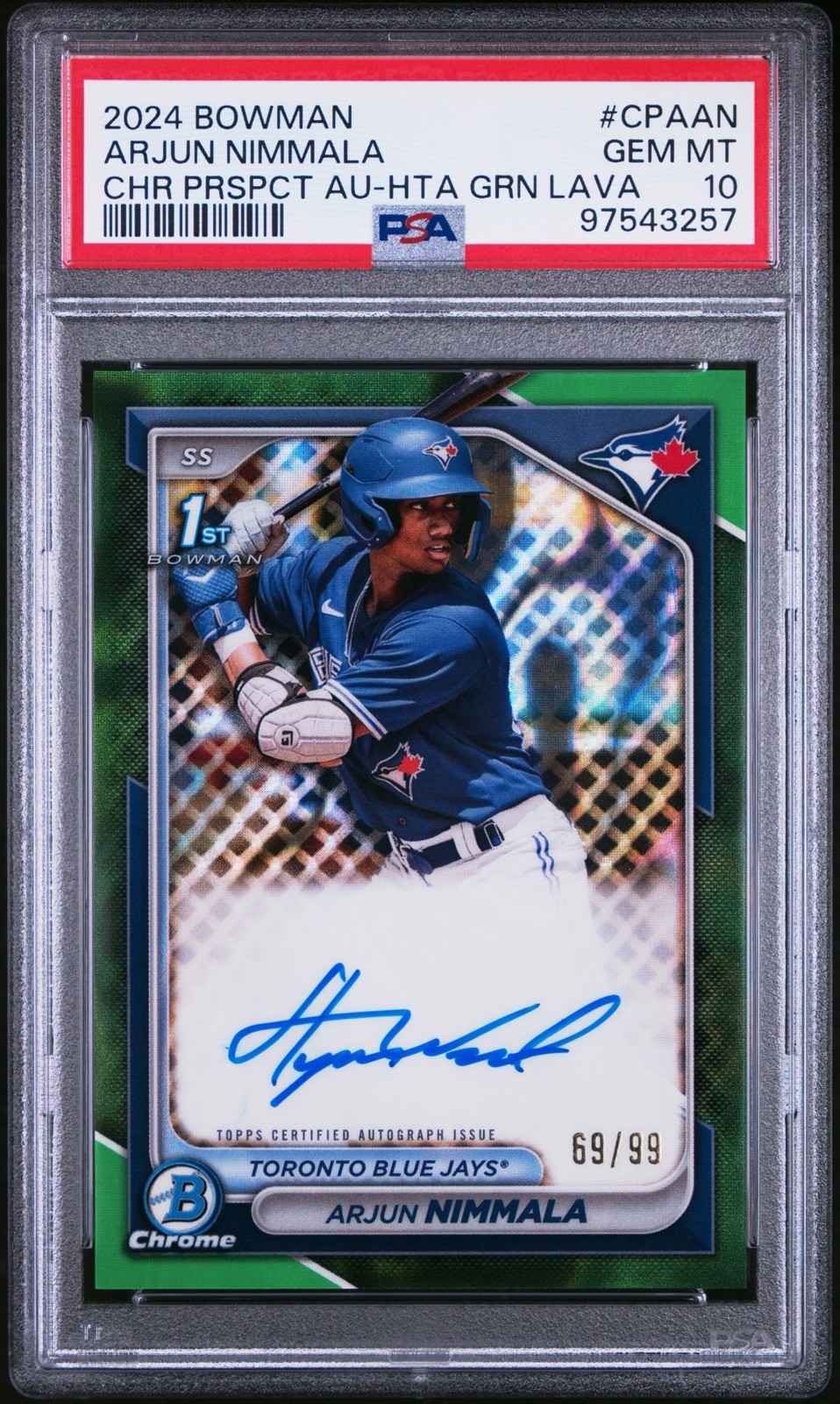 2024 Bowman Chrome Arjun Nimmala Green Lava Refractor Auto /99 CPA-AN PSA 10