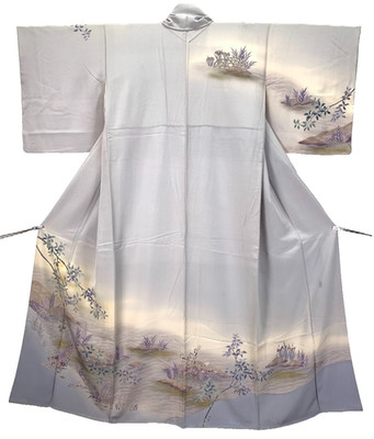 Signed Silk Houmongi Kimono Yuzen Figural Grey S 60in Yuki 25.4in Chirimen Japan