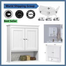 Stylish White Beadboard Medicine Cabinet with Open  Concealed Storage Options